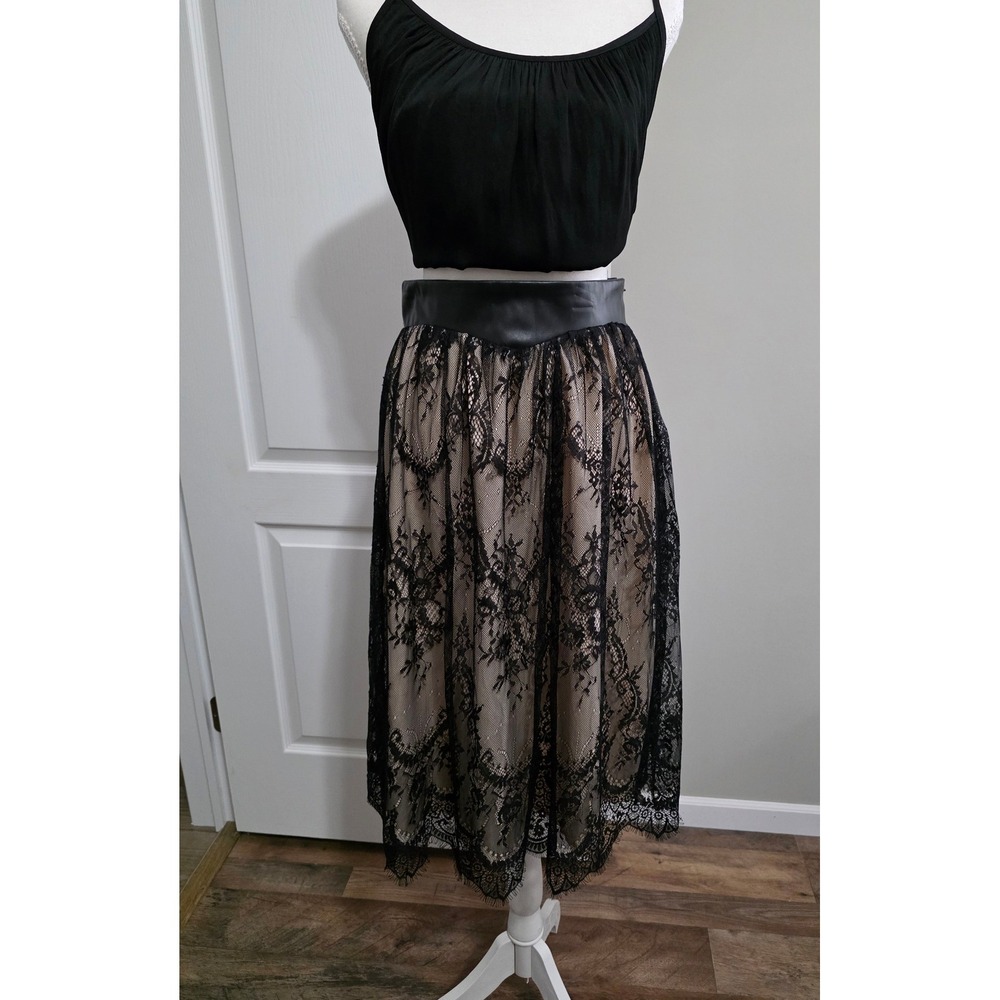 Floral‎ Lace Midi Skirt Women S Black Faux Leather Waistband Dark Academia Edgy